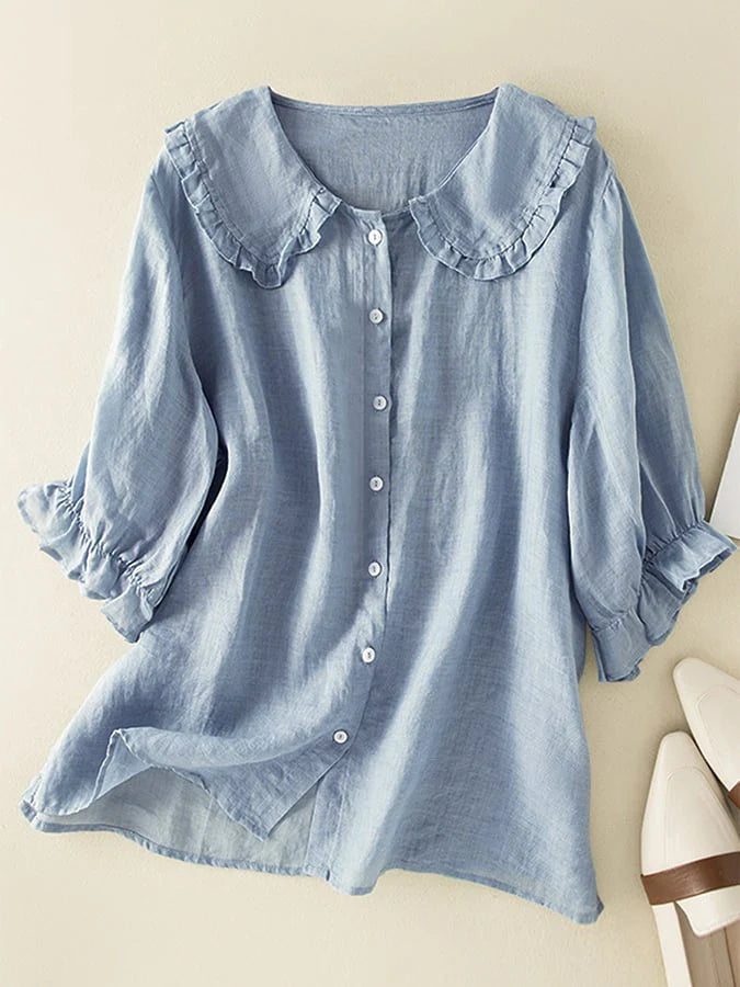 Adelina Ruffle Linen Blouse – Women's Cotton-Blend Top with Peter Pan Collar