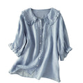 Adelina Ruffle Linen Blouse – Women's Cotton-Blend Top with Peter Pan Collar