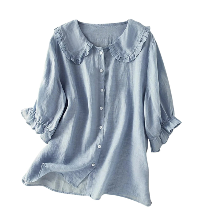 Adelina Ruffle Linen Blouse – Women's Cotton-Blend Top with Peter Pan Collar