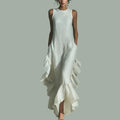 Ivory Linen Sleeveless Maxi Dress – Women's Round Neck Ruffle Hem Dress